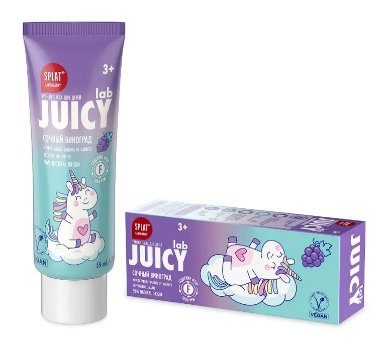 Splat Juicy Lab паста зубная детская со фтором, со вкусом Виноград туба 72г (скидка в цене 20% при заказе кратно 2 уп)
