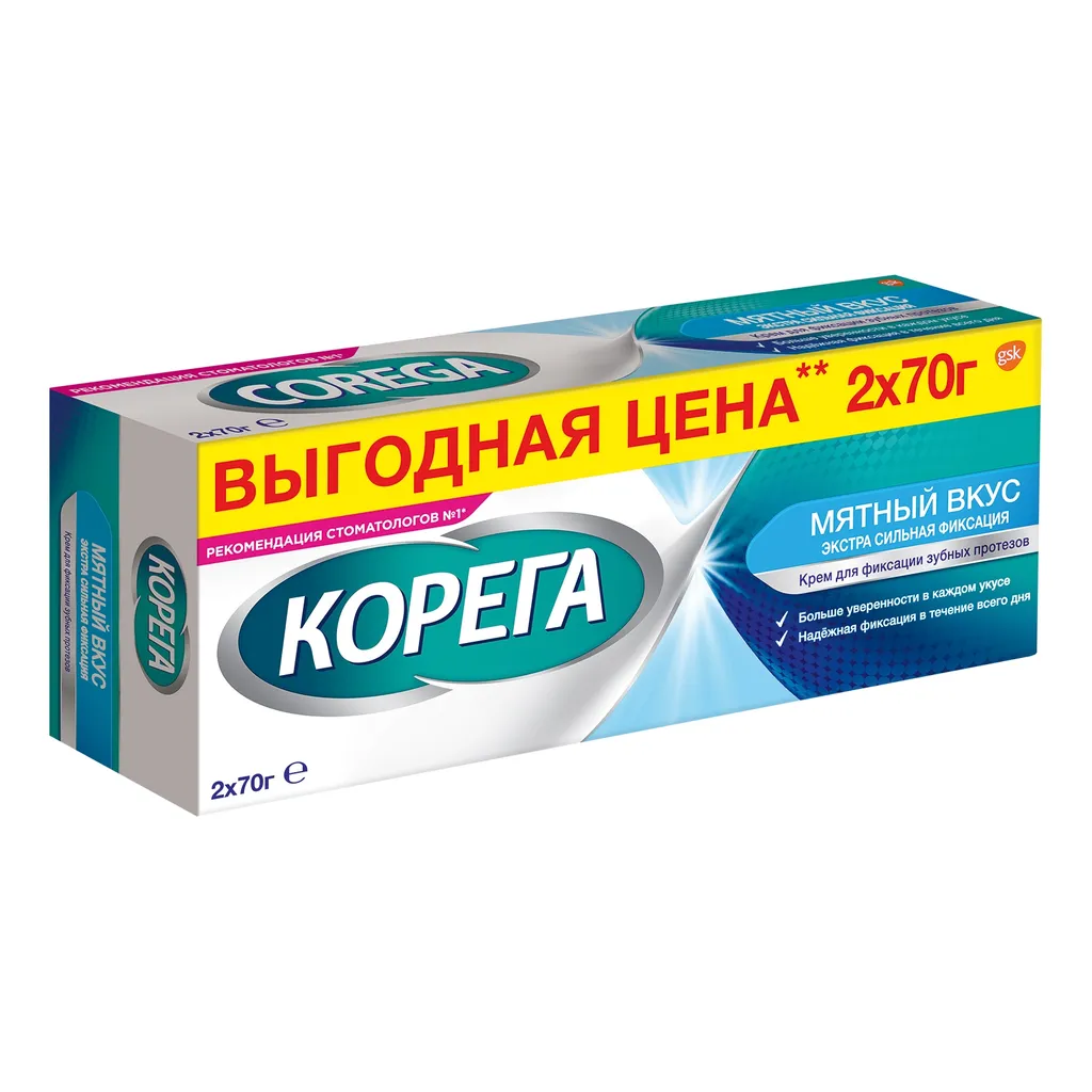 Корега Экстра сильный крем для фиксац. зубн. протезов мята 2х70г