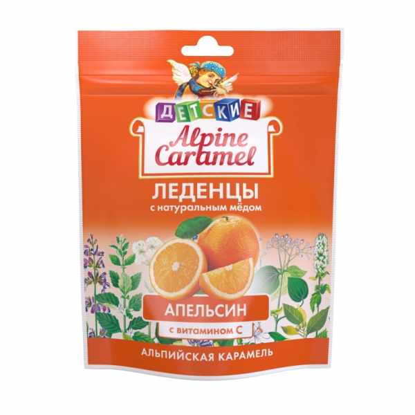 ALPINE CARAMEL ЛЕДЕНЦЫ АЛЬПИЙСКАЯ КАРАМЕЛЬ ДЕТСКИЕ С НАТУРАЛЬНЫМ МЕДОМ И ВИТАМИНОМ С СО ВКУСОМ АПЕЛЬСИНА 75,0
