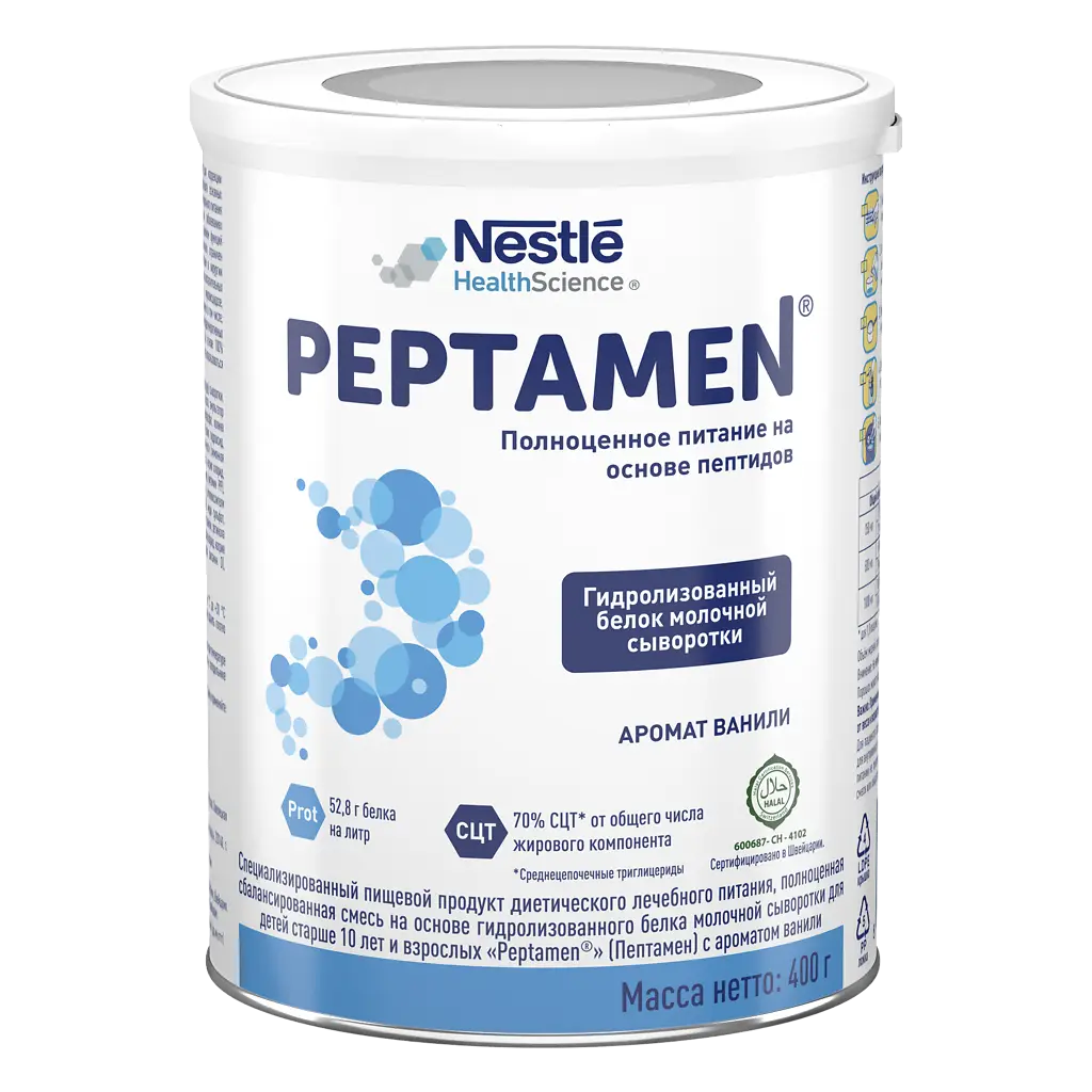 PEPTAMEN СМЕСЬ НА ОСНОВЕ ГИДРОЛИЗОВАННОГО БЕЛКА МОЛОЧНОЙ СЫВОРОТКИ ДЛЯ ДЕТЕЙ СТАРШЕ 10 ЛЕТ И ВЗРОСЛЫХ С АРОМАТОМ ВАНИЛИ 400,0