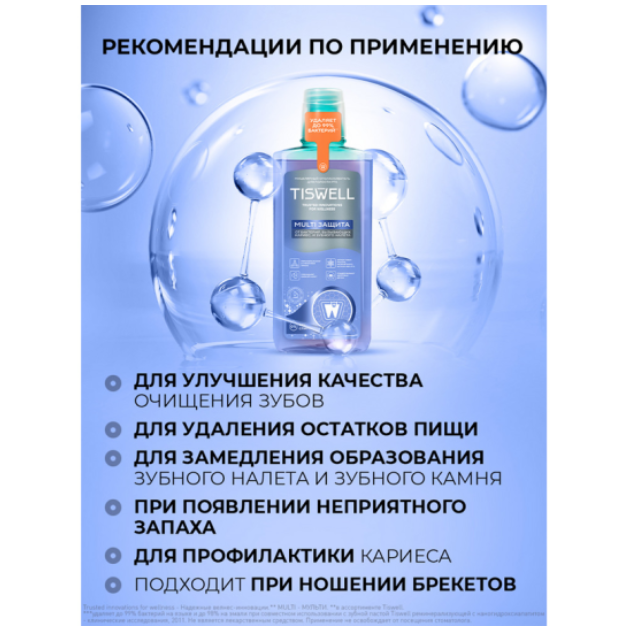 Tiswell Multi защита мицеллярный ополаскиватель для полости рта защита от бактерий и налета флакон 500мл Акция