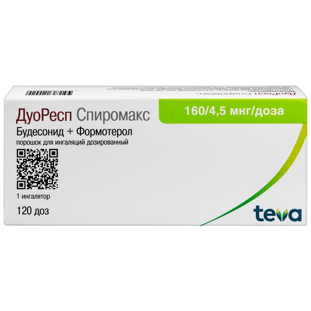 ДуоРесп Спиромакс порошок для ингаляций дозированный 160мкг+4,5мкг/доза ингалятор 120доз №1 