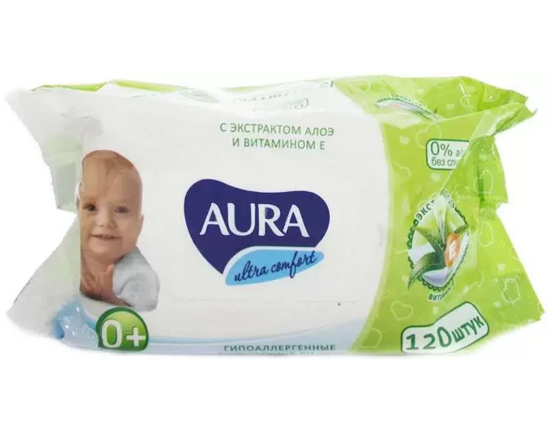 Салфетки влажн. аура ultra comfort д/детей гипоал. с экст. алоэ и вит. е №120 (без крышки)(арт05351)