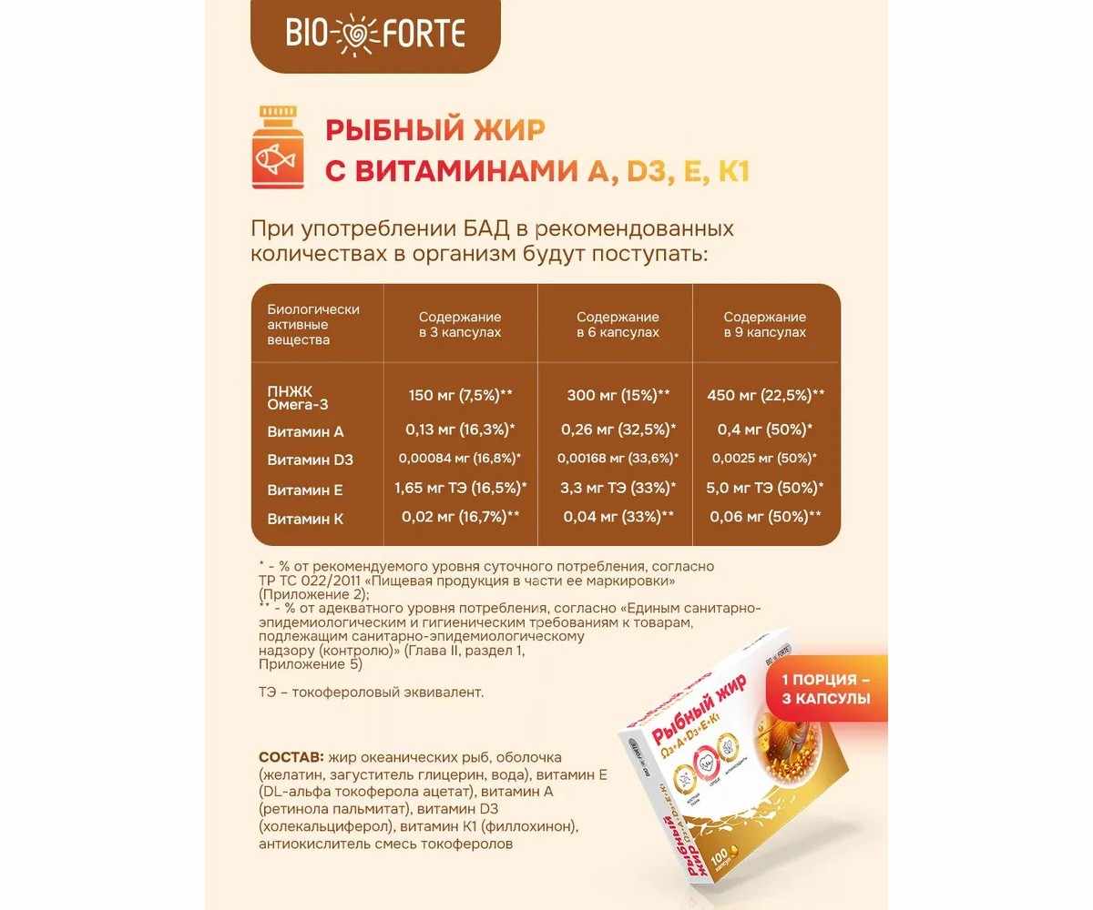 Рыбный жир с витаминами А, D, Е, К BioForte банка №100