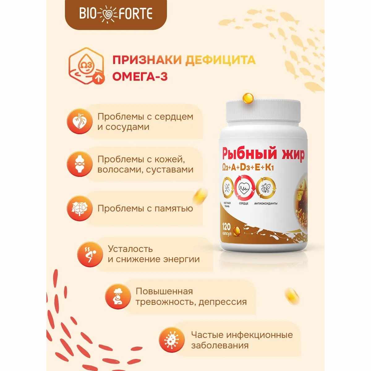 Рыбный жир с витаминами А, D, Е, К BioForte банка №120
