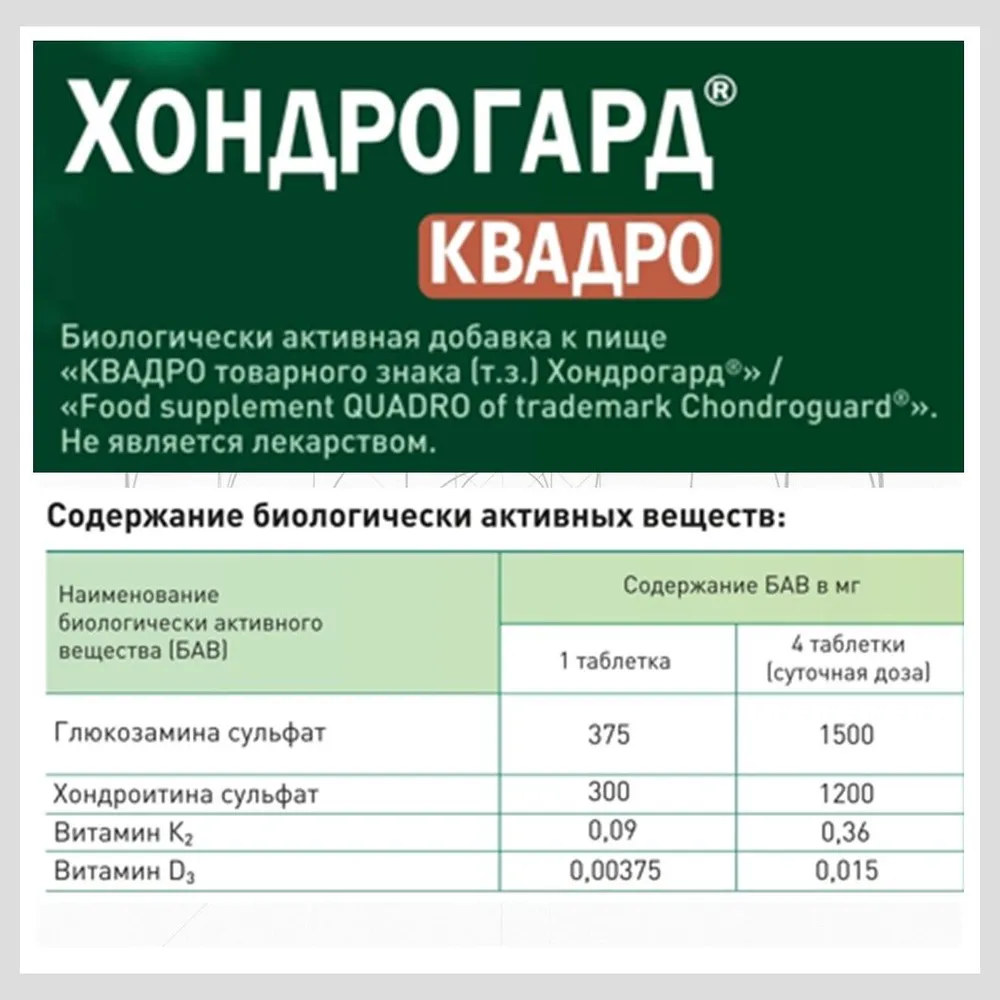 Хондрогард Квадро таблетка с пленочным покрытием массой 1030мг №80