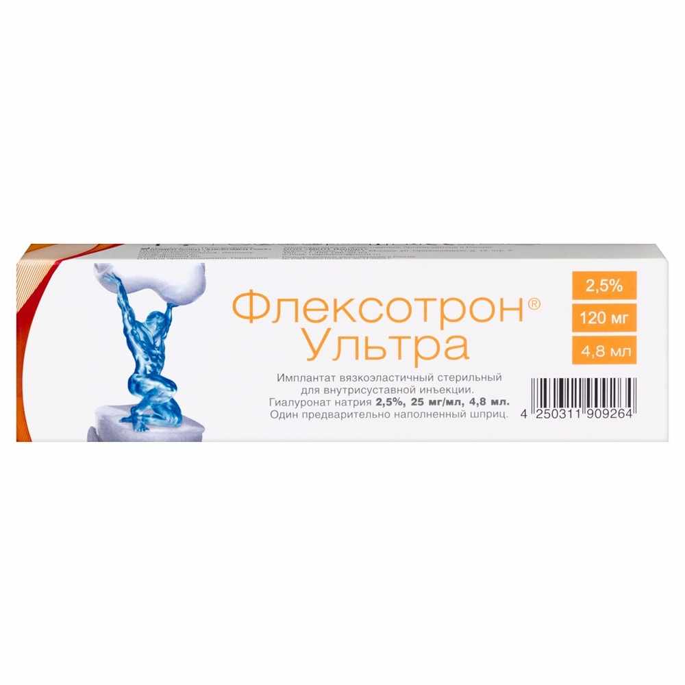 Флексотрон Ультра имплантат вязкоэластичный стерильный для внутрисуставной инъекции гиалуронат натрия 2,5% 25мг/мл шприц 4,8мл №1